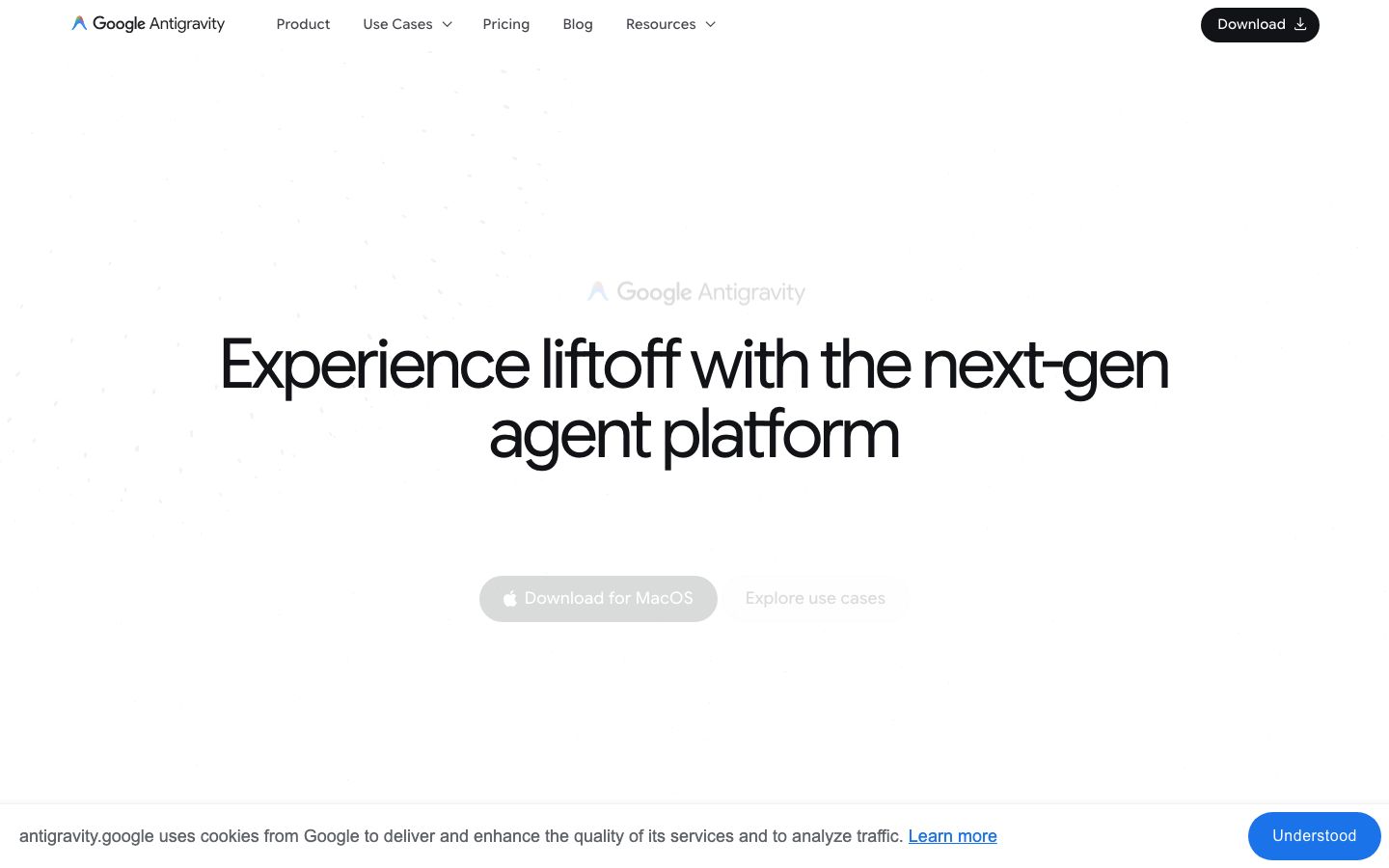 Capture de la page officielle Google Antigravity, plateforme agentique pour développeurs.