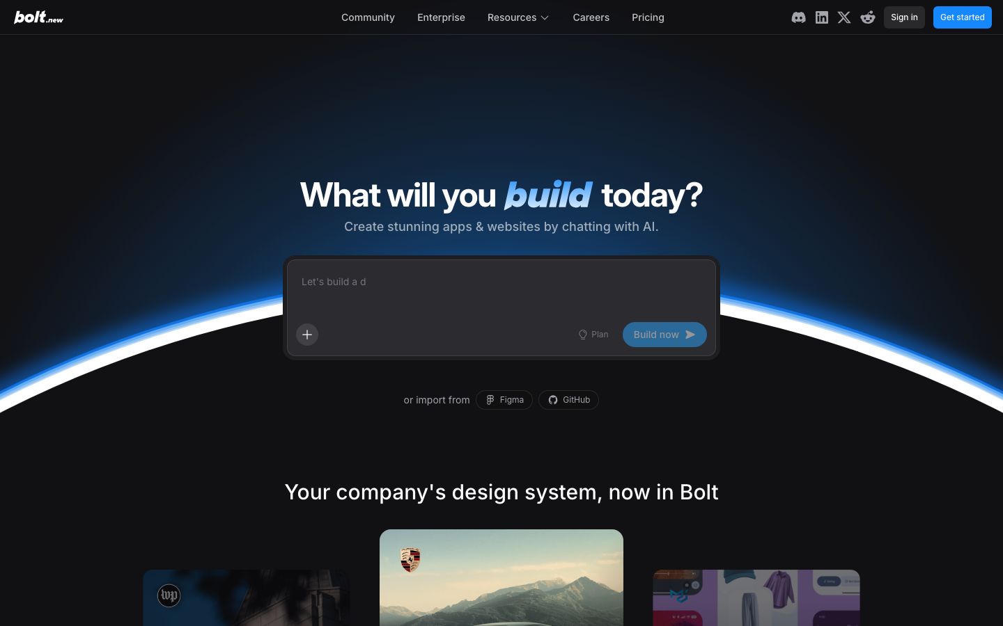 Capture de la page officielle Bolt avec un champ de prompt pour créer un site ou une application.