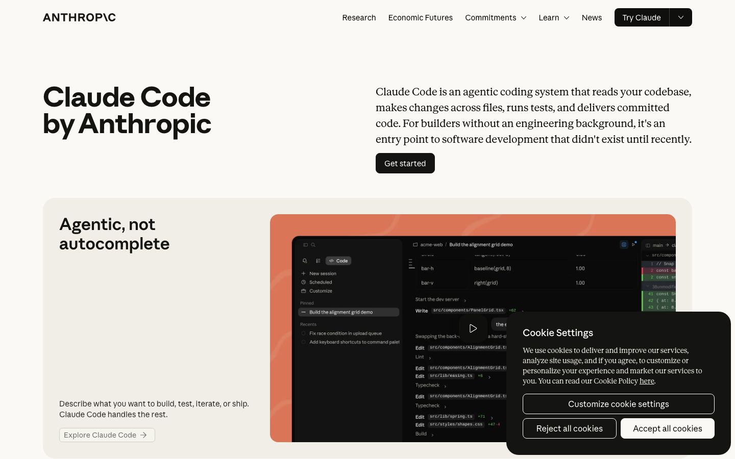 Capture de la page officielle Claude Code montrant l'agent de code d'Anthropic.