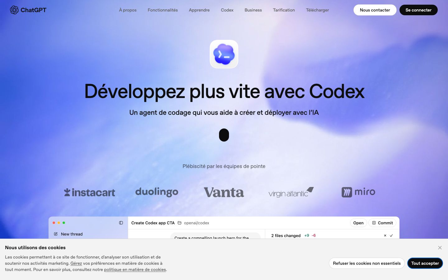 Capture de la page officielle Codex de ChatGPT pour développer et déployer avec l'IA.