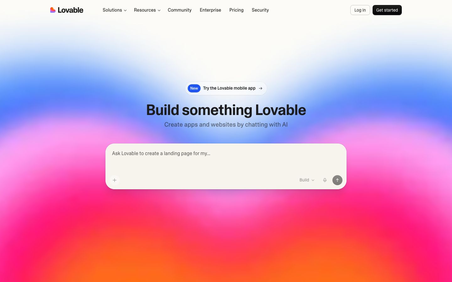 Capture de la page officielle Lovable avec son interface de création d'application par prompt.