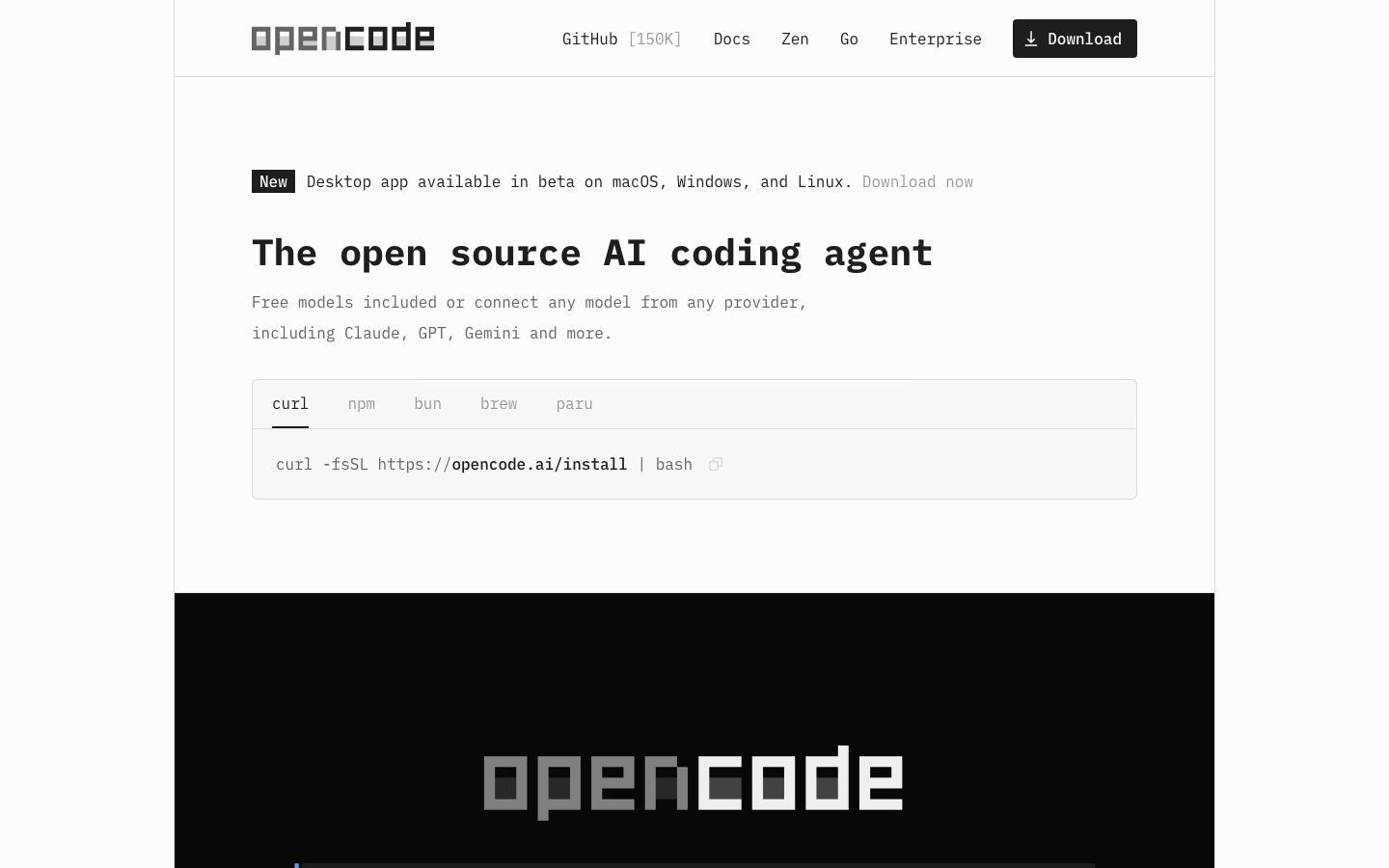 Capture de la page officielle OpenCode, agent de code open source en terminal.