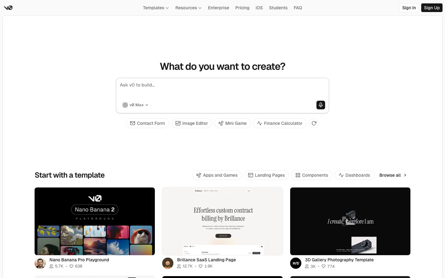 Capture de la page officielle v0 avec le prompt de création d'interface web.