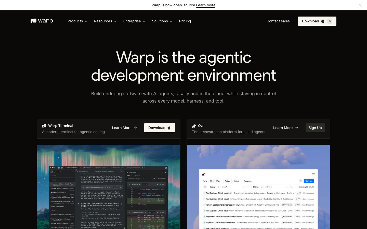 Capture de la page officielle Warp, terminal agentique pour développeurs.
