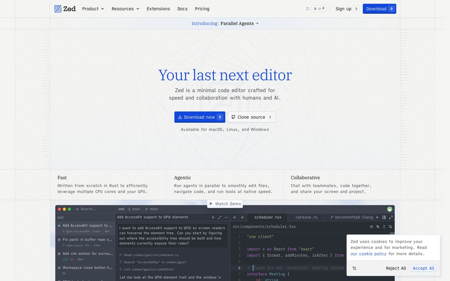 Capture de la page officielle Zed, éditeur de code rapide avec agents IA.